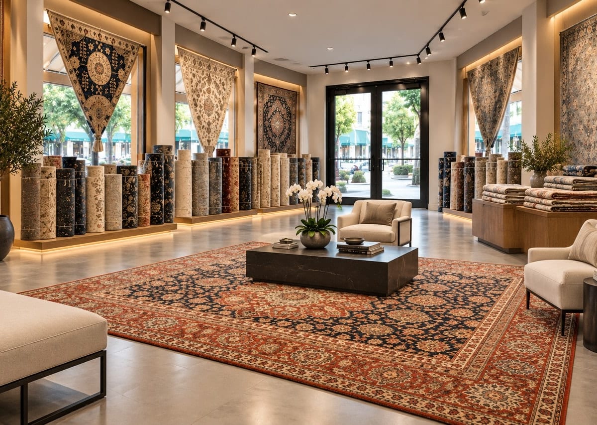 Sunset Rugs showroom interior with fine rug collection